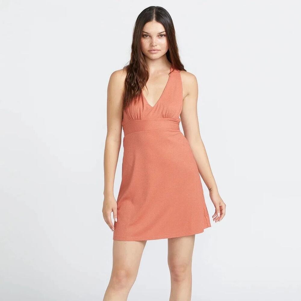 Volcom Island Bopper Dress XL Terracotta Ribbed Knit Mini Halter Beachy Surfer
